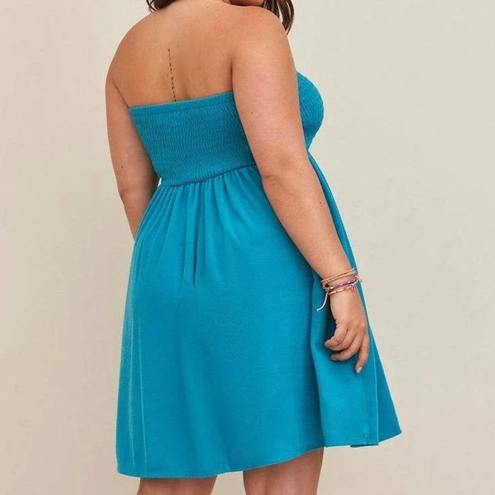 New Torrid 6 (6X 30) Teal Blue Smocked Terry Cloth Swim‎ Cover Up Beach Dress